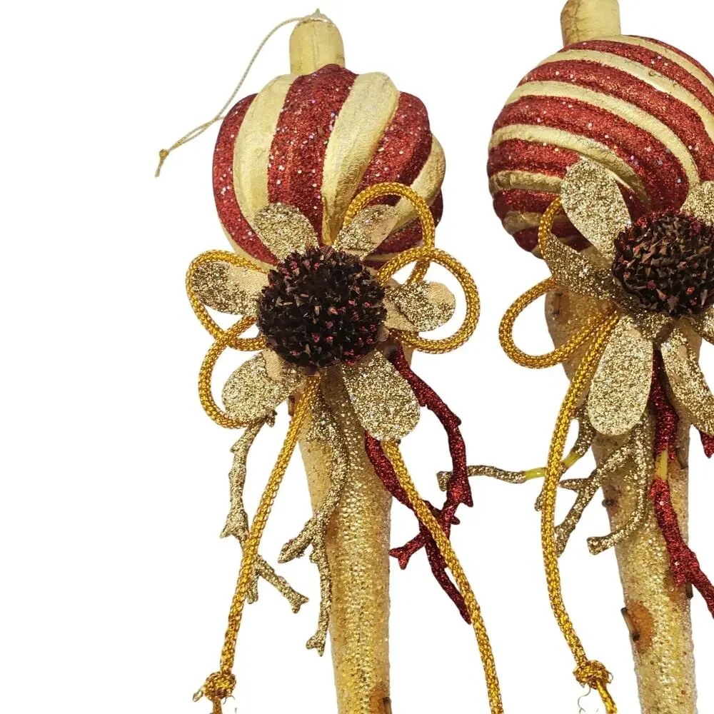Vintage Hand Crafted Embellished Floral Christmas Ornaments X3 MCM Gold-Tone 70s